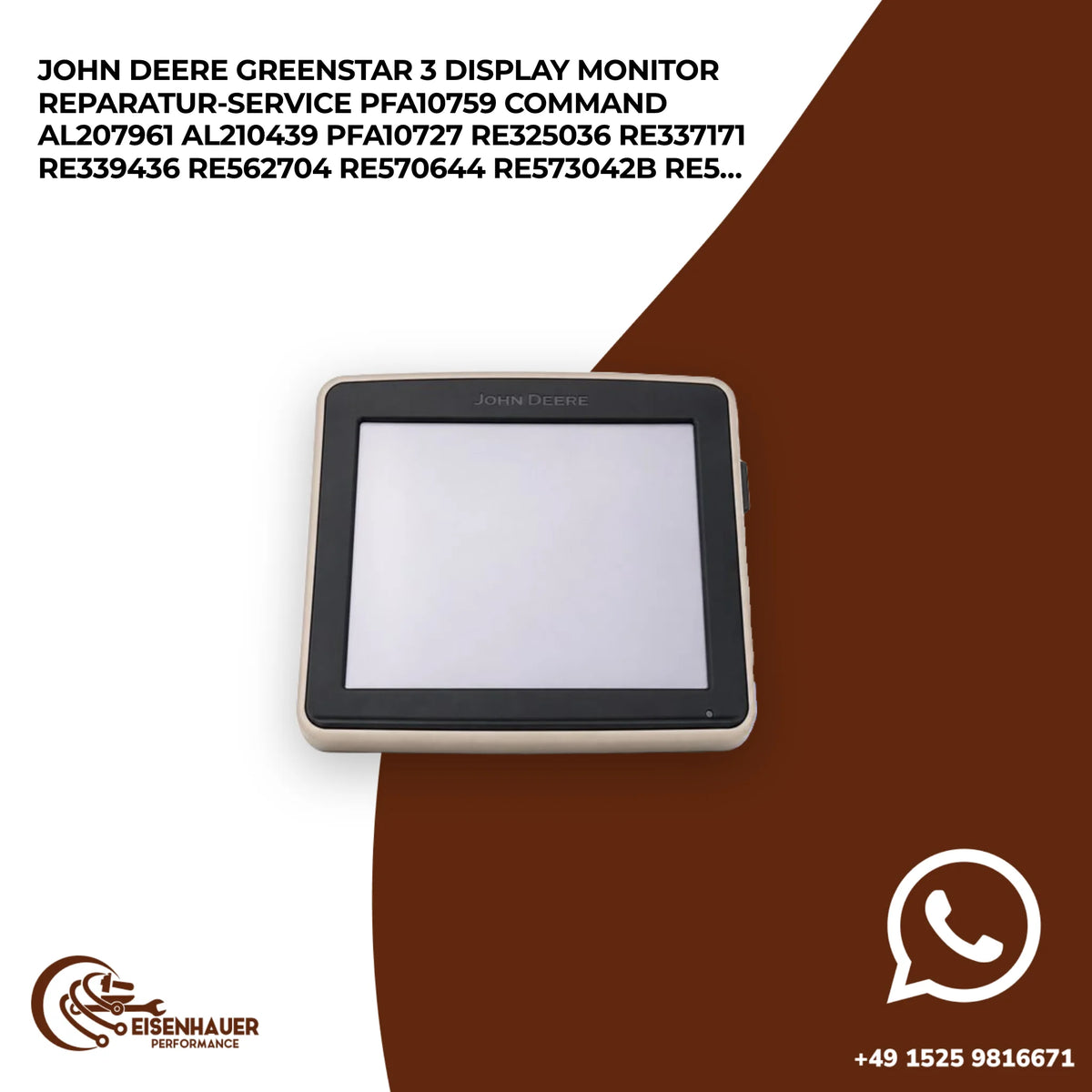 John Deere Greenstar 3 Display Monitor Reparatur Service PFA10759 Command AL207961 AL210439 PFA10727 RE3250…