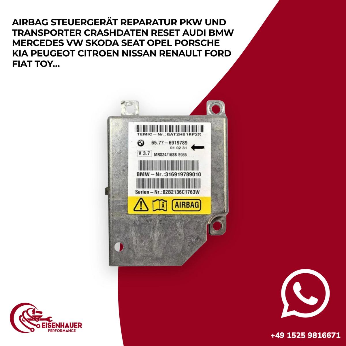 Airbag Steuergerät Reparatur PKW und Transporter Crashdaten Reset Audi BMW Mercedes VW Skoda Seat Opel Pors…