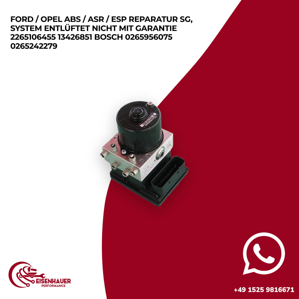 Ford / Opel ABS / ASR / ESP Reparatur SG, System entlüftet nicht️ ️2265106455 13426851 Bosch 0265956075 026…