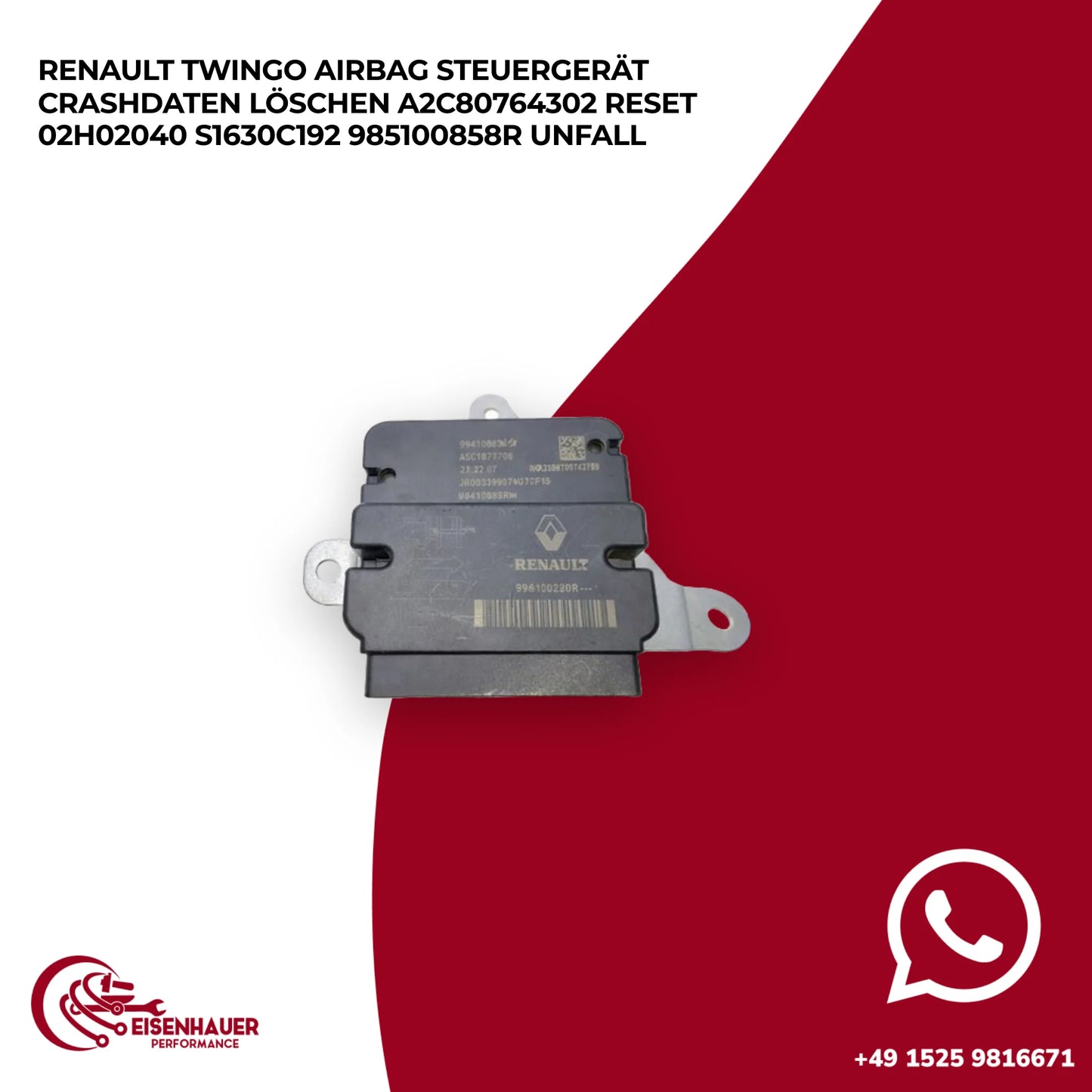 Renault Twingo Airbag Steuergerät Crashdaten löschen A2C80764302 Reset 02H02040 S1630C192 985100858R Unfall