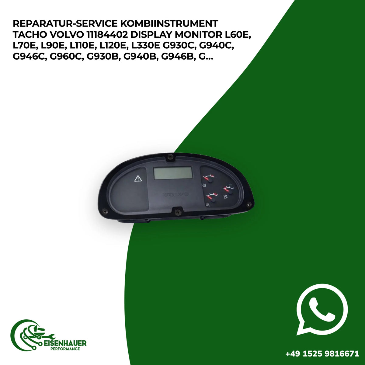 Reparatur Service Kombiinstrument Tacho Volvo 11184402 Display Monitor L60E, L70E, L90E, L110E, L120E, L330…